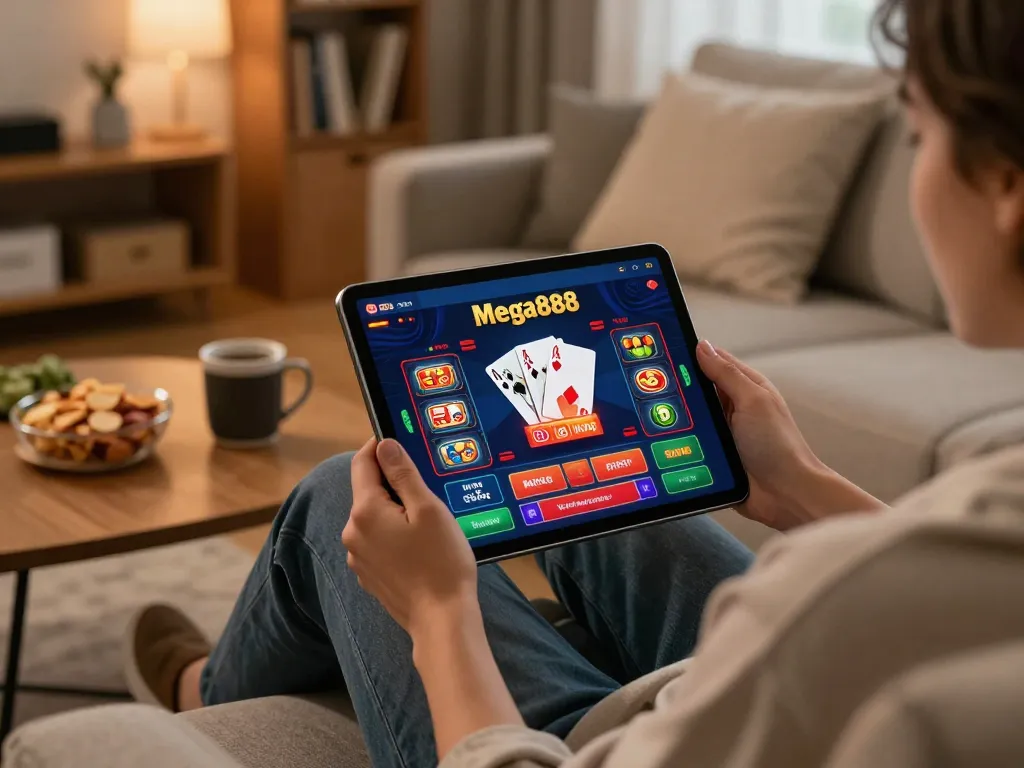 Mega888 original download ios in action as player engages with casino app on iPad in a cozy home setting.