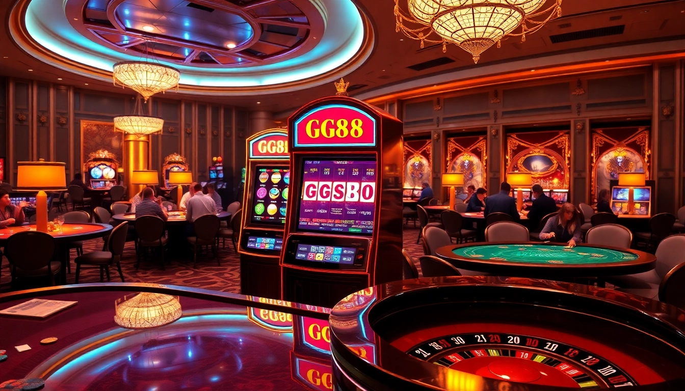 GG88 slot machine surrounded by vibrant poker tables highlighting intense gambling action.