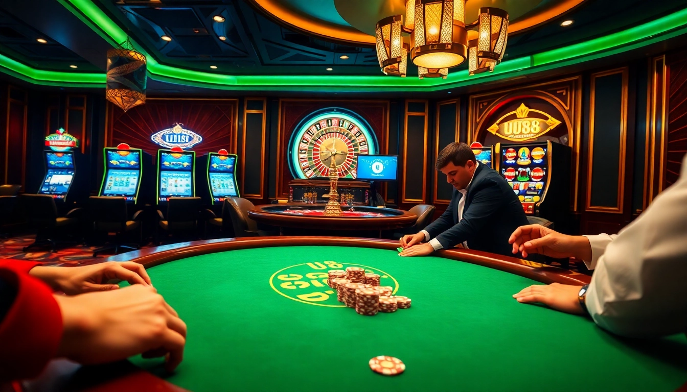 Engaging scene of UU88 online gambling with poker, roulette, and elegant casino decor.