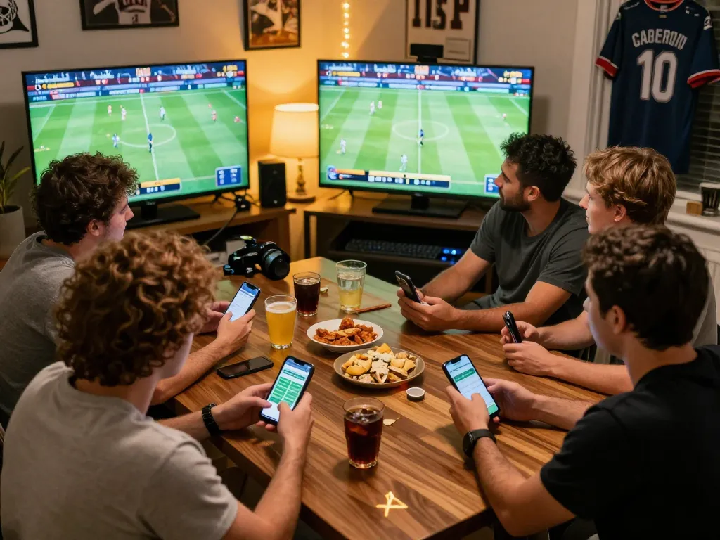 Engaged players reviewing betting odds and placing bets on jun888 during a sports event at home