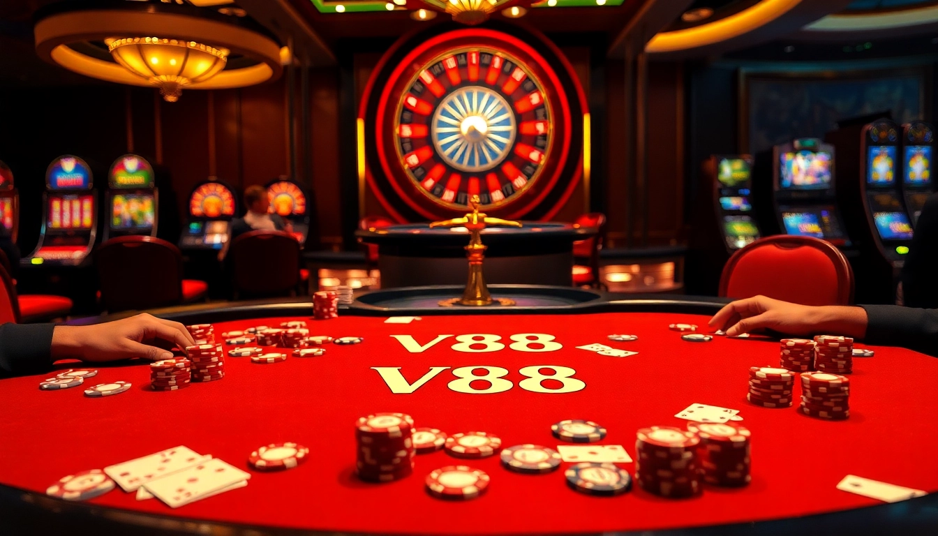 Experience the excitement of v88 with an elegant casino table set for high-stakes poker.