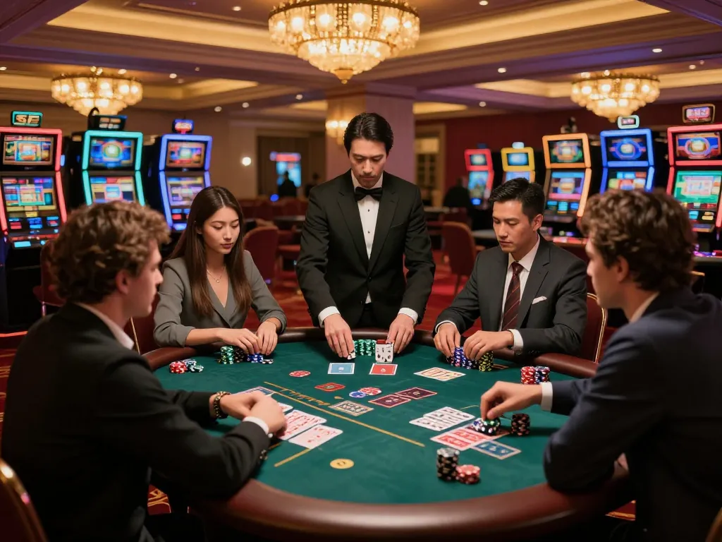 Play blackjack at hoiquantvhd with players engaged, dealer managing bets, elegant casino atmosphere.