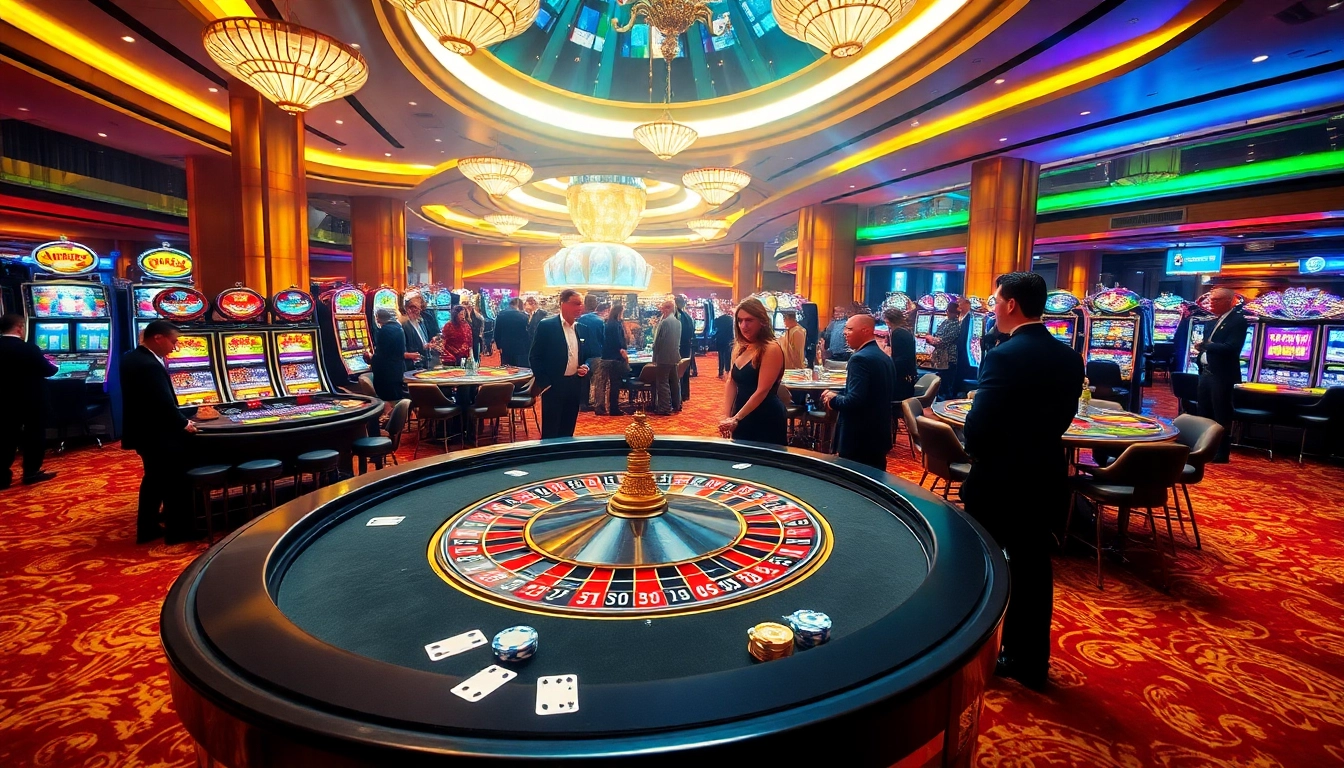 Players enjoying the excitement at SUN CITY 888 casino tables with vibrant slots and poker chips.