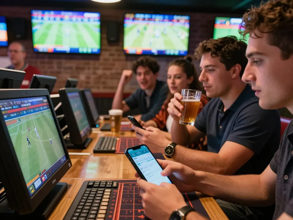 Tip88 patrons excitedly placing bets on smartphones while watching live sports.
