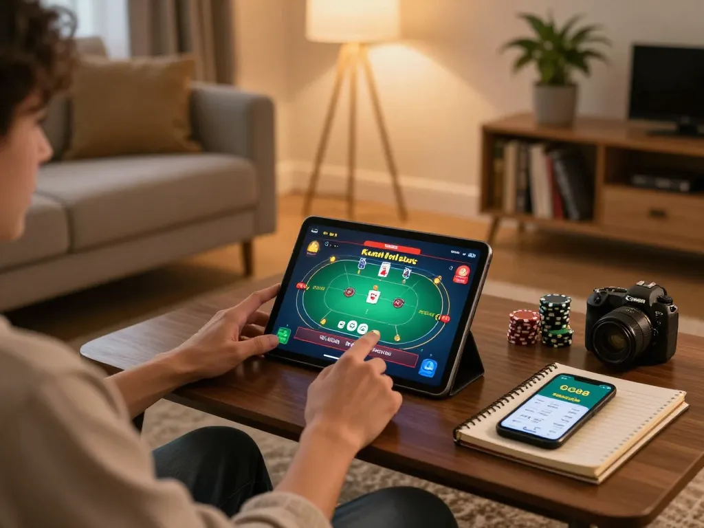 Engaging with the GG88 app on a tablet during a cozy at-home poker game.