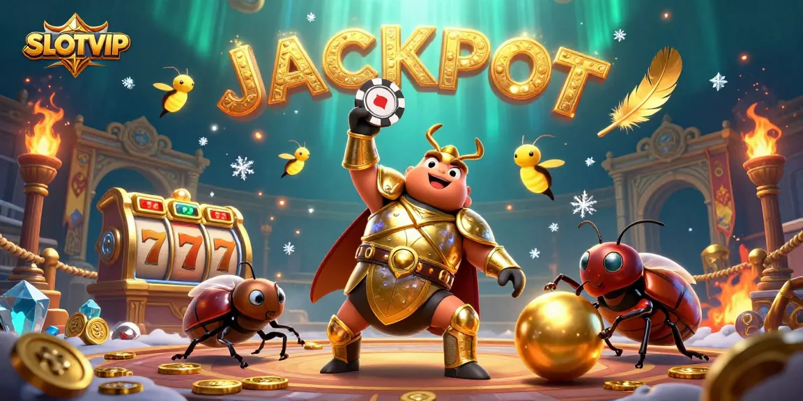 SLOTVIP's playful scene showcases a victorious beetle in golden armor, celebrating jackpot wins among rich casino elements.