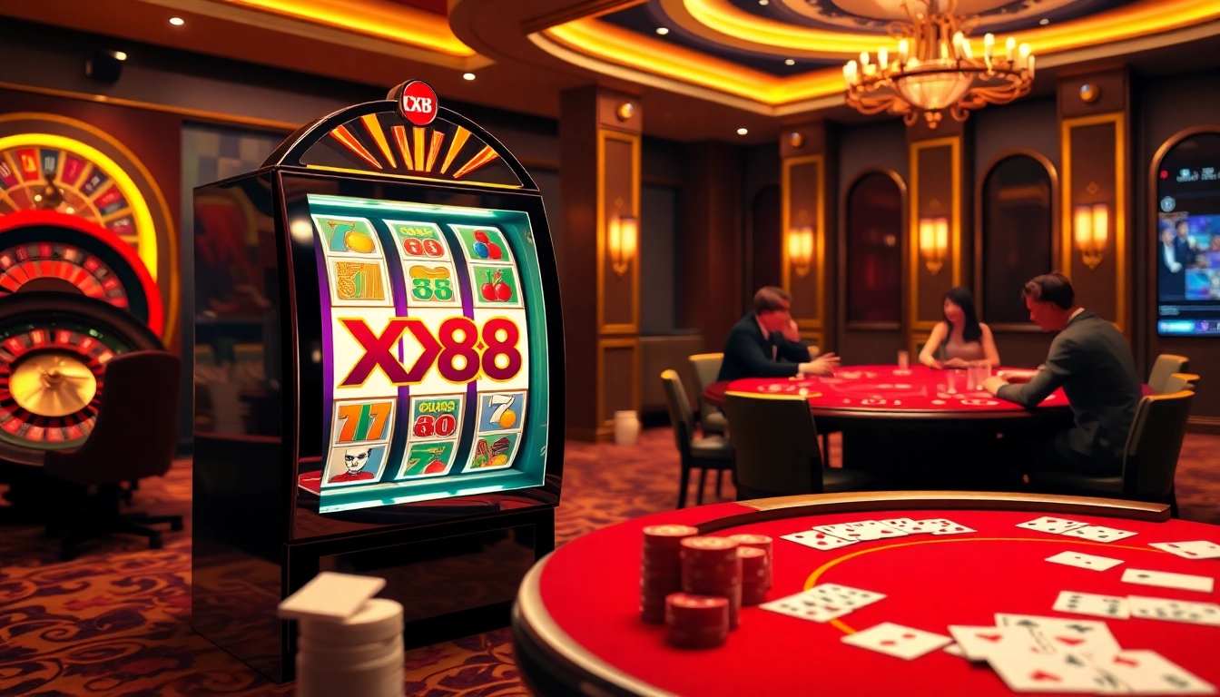 Experience the excitement of gambling at XX88's vibrant casino scene featuring slot machines and table games.