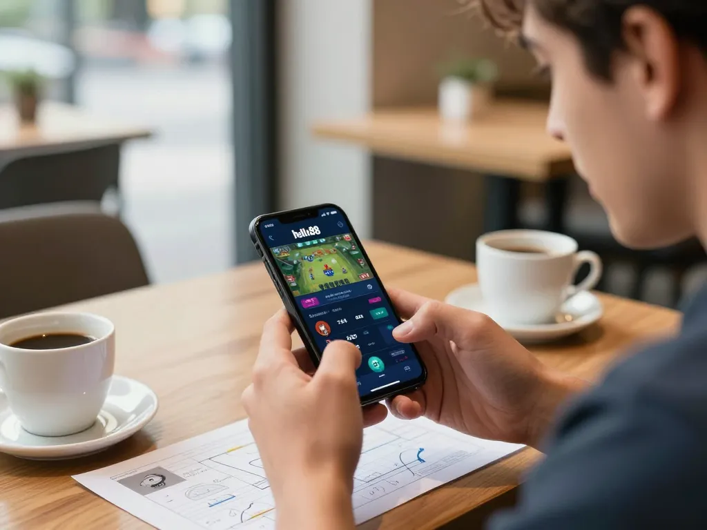 Engaged player exploring betting strategies on the hello 88 app at a lively cafe.