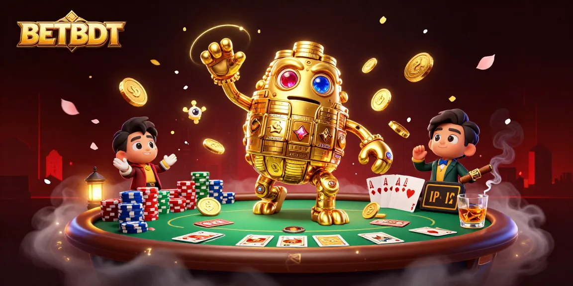 Engage in thrilling bets at BETBDT platform with poker tables and golden golem characters.