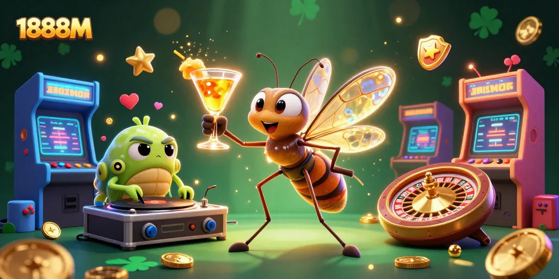 Engage with the vibrant world of 1888M at this lively casino illustration featuring animated characters and gold accents.