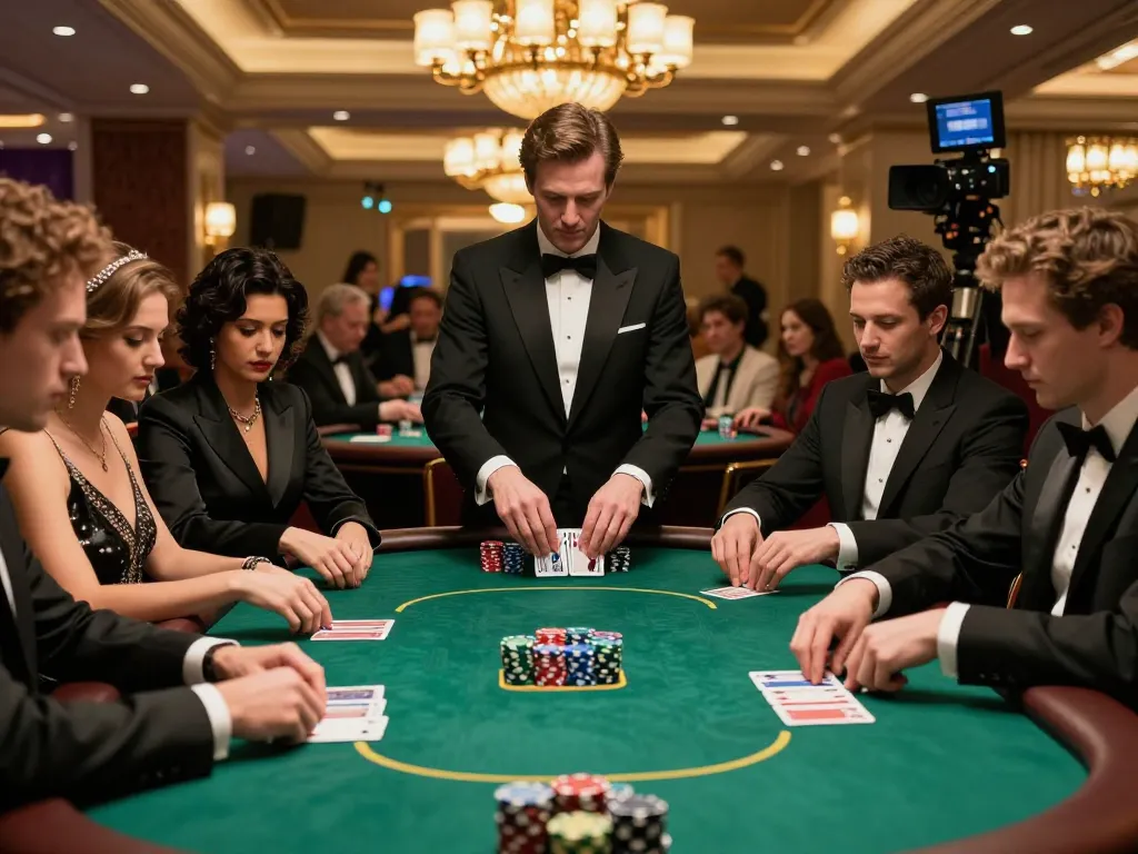 Players in an upscale casino engaged in a tense poker game at TG88, showcasing strategic decisions and poker chips.