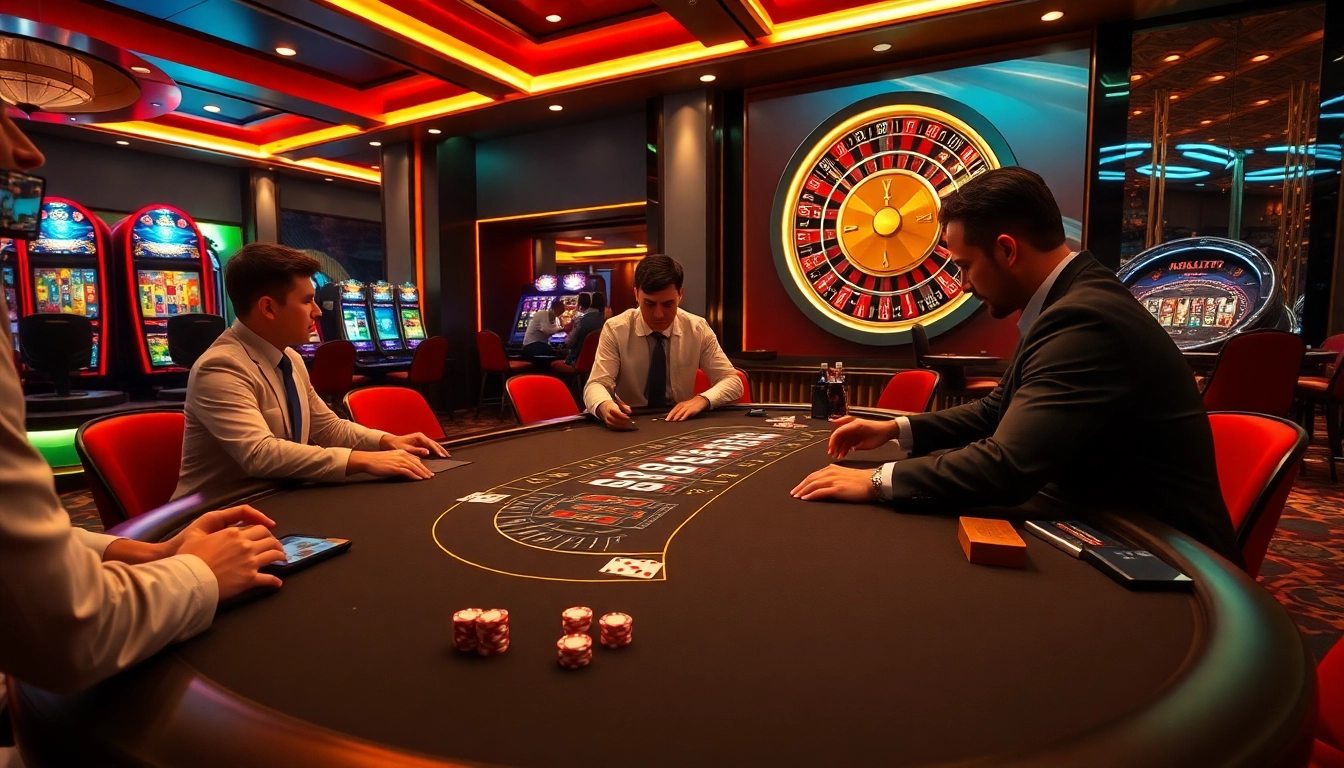 Engaging blackjack players at kp88's luxurious casino table with vibrant ambiance and professional dealer.
