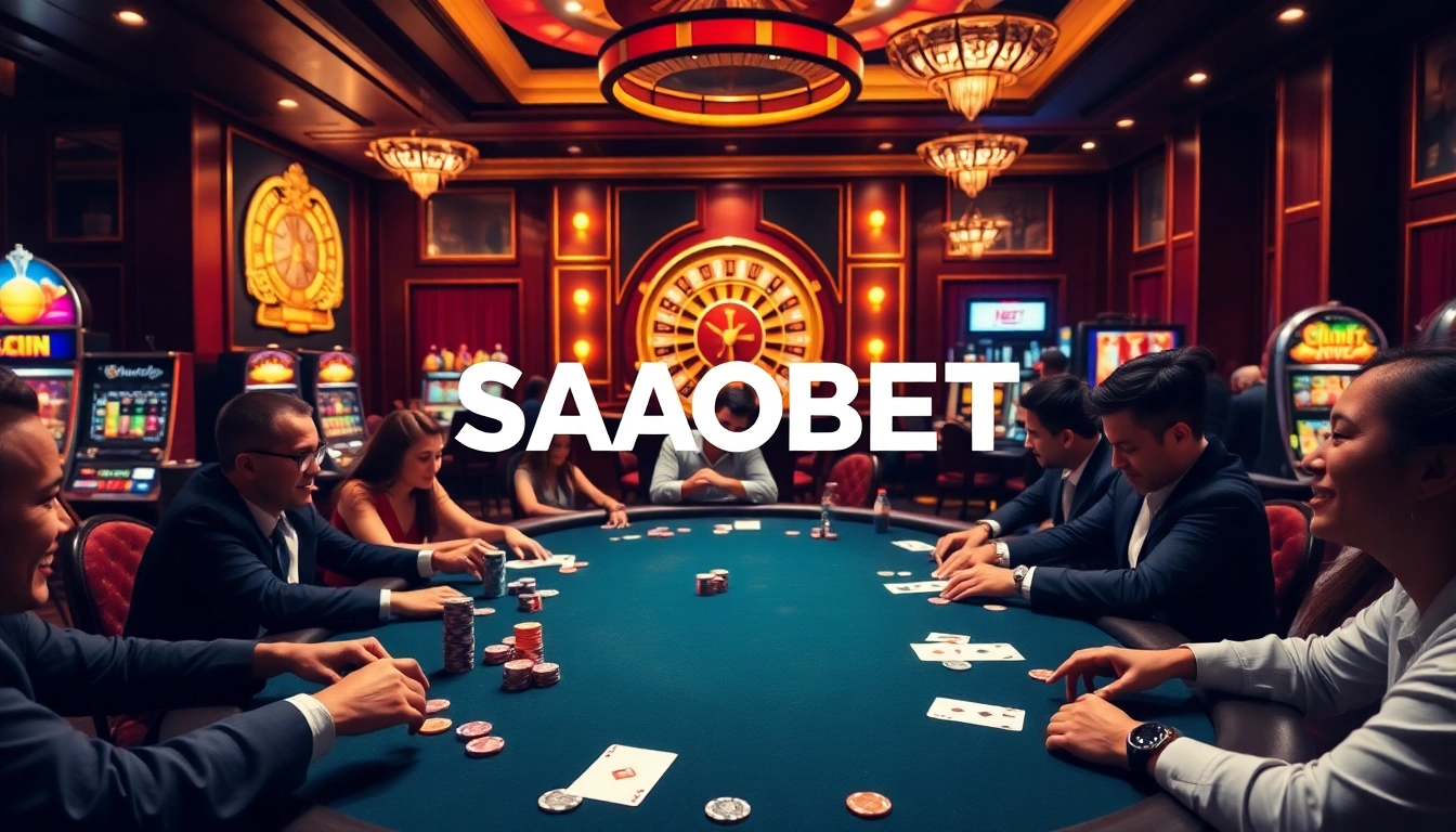 Players experiencing the thrill of poker at SAOBET casino with vibrant chips and cards.