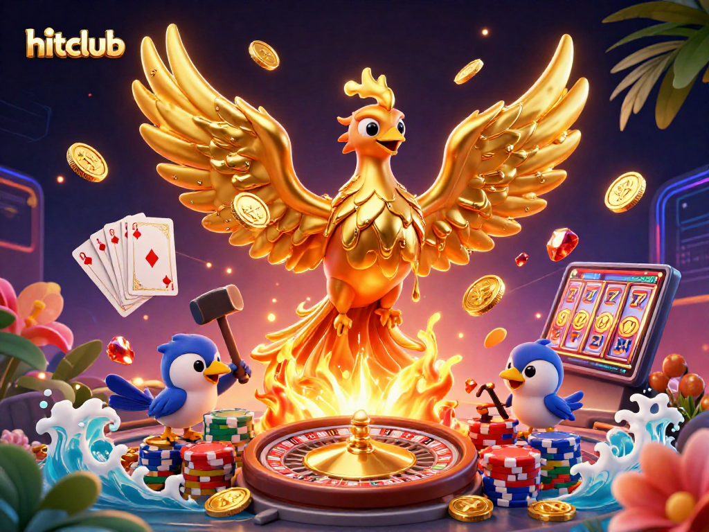 Join the hitclub as golden coins cascade from a molten phoenix in this vibrant casino scene.