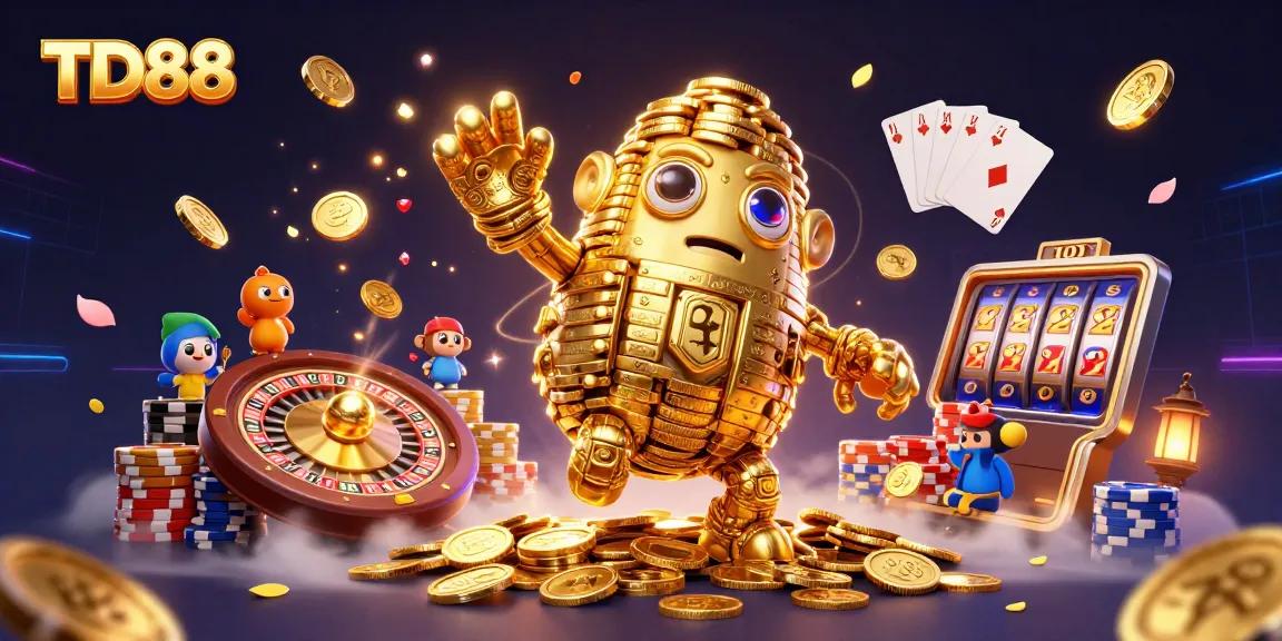 Win big with TD88 as cascading gold coins and vibrant gaming elements surround an ancient golem.