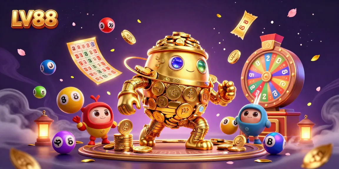 Experience thrilling gameplay with LV88's dynamic casino atmosphere, showcasing colorful lottery elements and a golden golem guardian.
