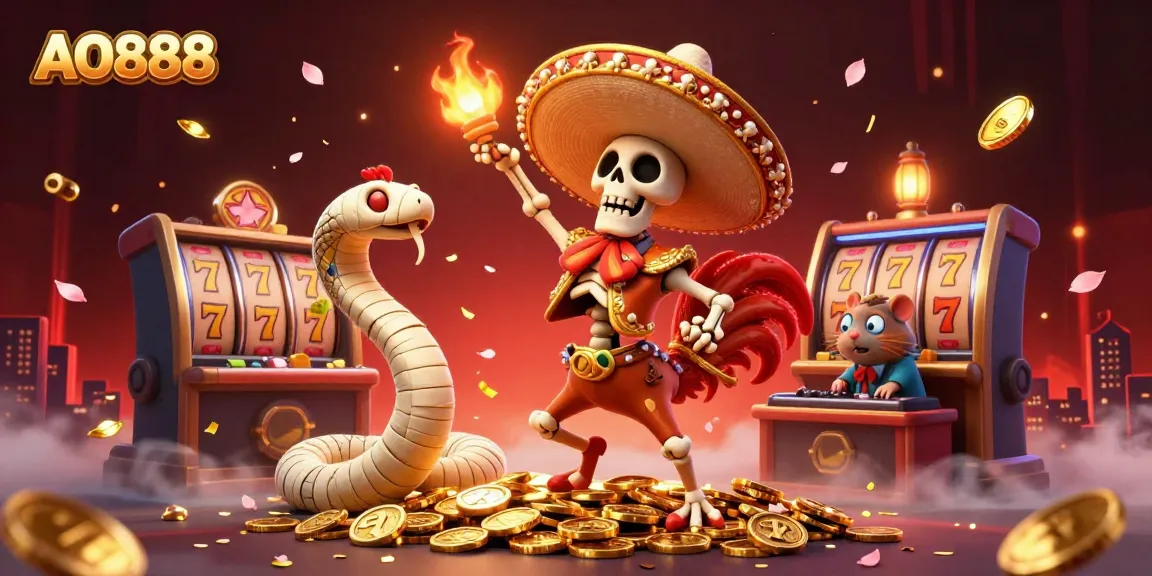 AO888 celebrates victory with a vibrant dance of a skeleton rooster among casino treasures.