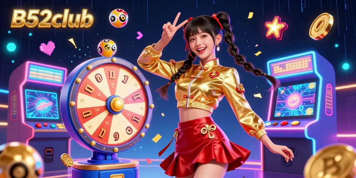 B52club offers a vibrant experience with colorful games and prizes in this dynamic online casino illustration.