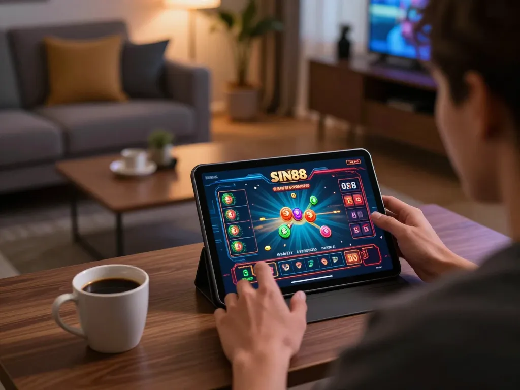 SIN88 online gaming session, displaying a user engaged in tablet gameplay at home.