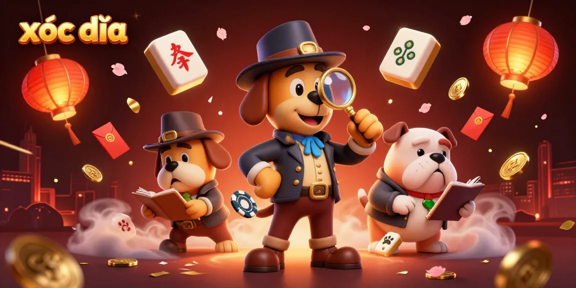Win big with xóc đĩa as a detective hunts for treasure amid festive elements and glowing coins.