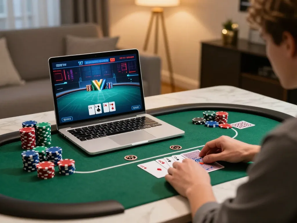 Player engaging in exciting online poker at home using hm88 platform with colorful chips and warm lighting.