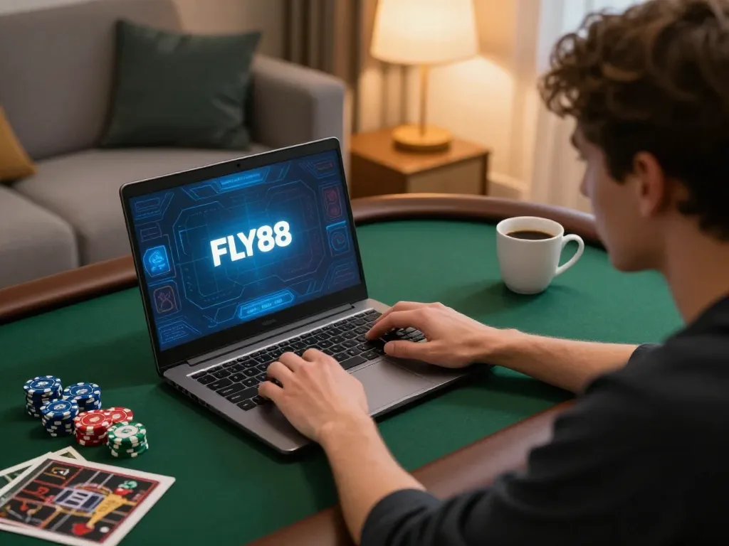 Engaging scene of a player immersed in FLY88 online gaming with a focused expression and stylish decor.