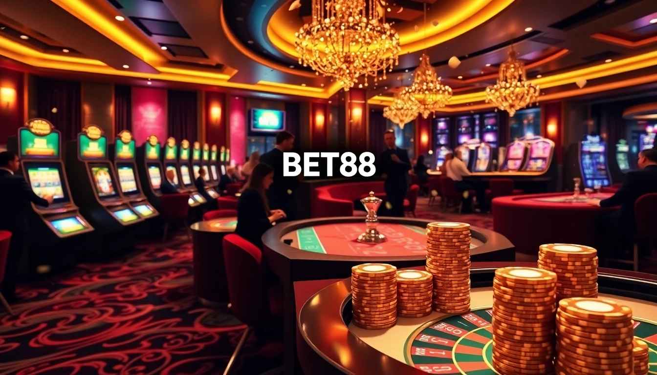 Experience the thrill of gambling with BET88, featuring vibrant slot machines and elegant poker tables.