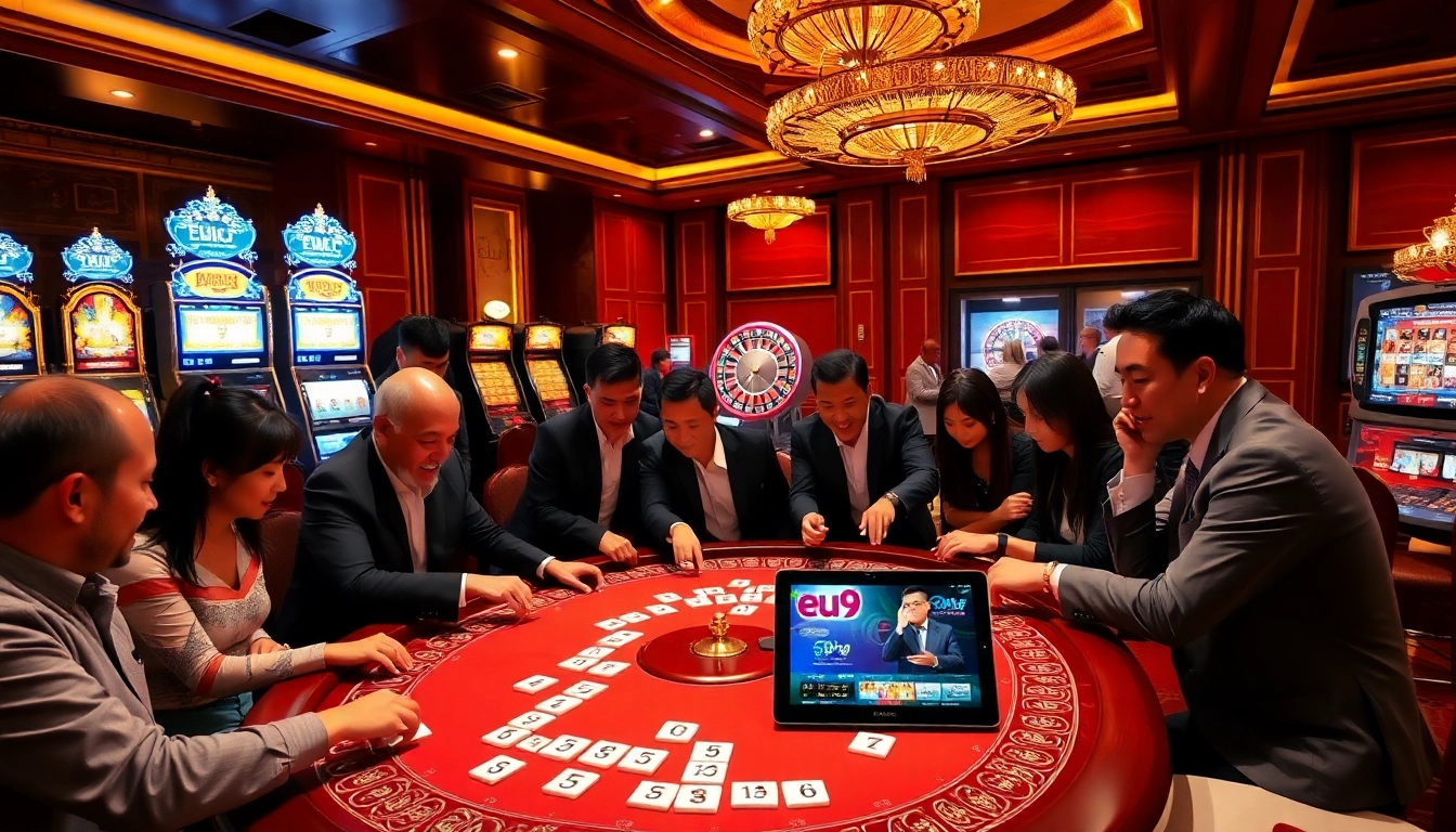 Players enjoying mahjong and engaging with eu9's online casino promotions in a lively atmosphere.
