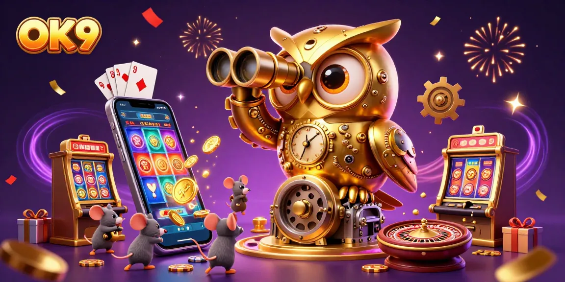 Engage with OK9's vibrant casino experience, featuring a whimsical golden owl, lively slot games, and festive atmosphere.
