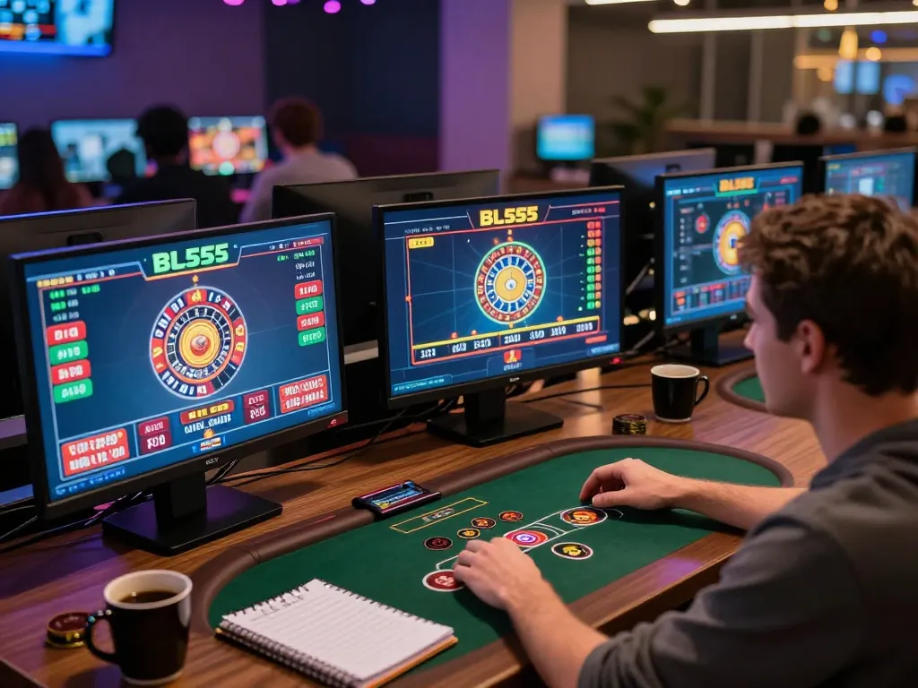 Player engaging in gaming strategy at BL555 using multiple screens for online betting