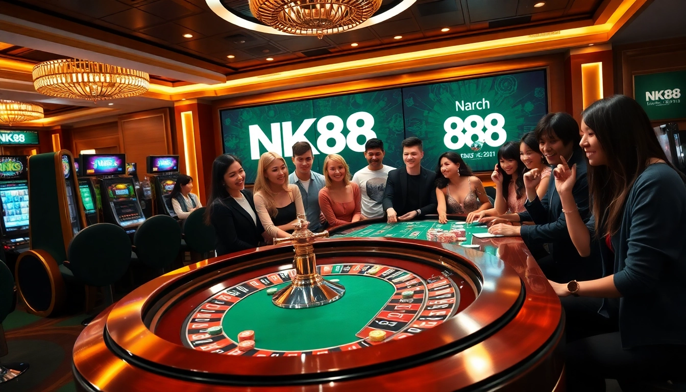 NK88 players engaging at a vibrant casino table with colorful chips and slot machines.