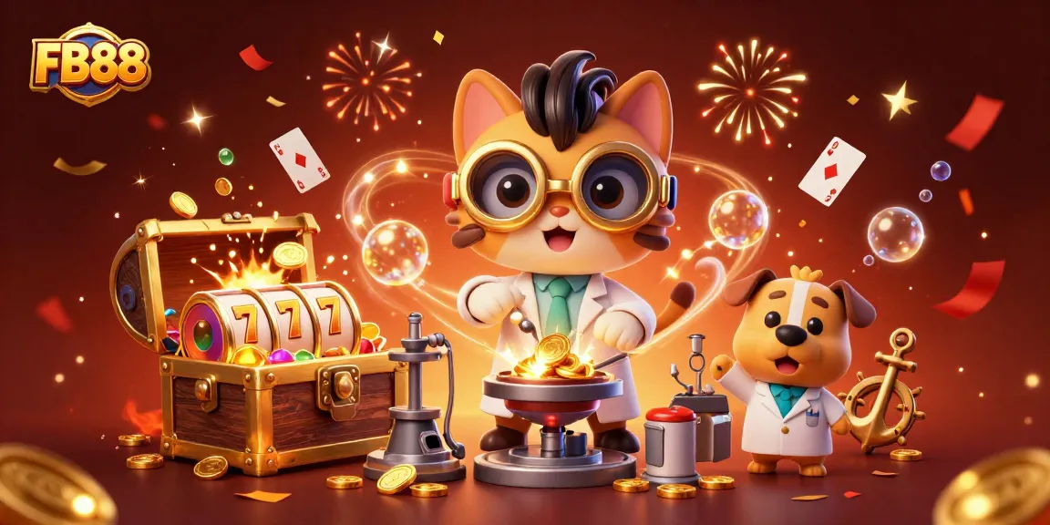 Experience the excitement of FB88 with vibrant casino scenes filled with gold coins and playful characters.