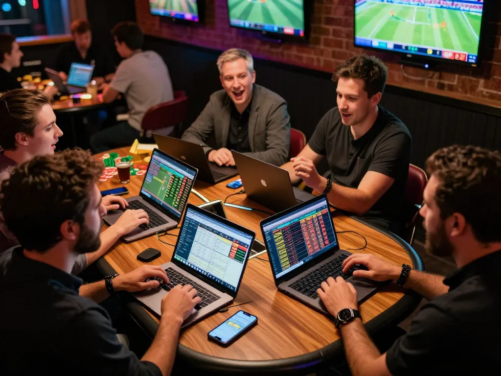 KQBD users placing sports bets at vibrant table with live odds on screens