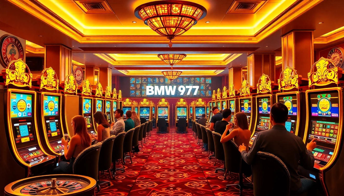 Bmw777 slot machine excitement with players enjoying vibrant casino atmosphere.