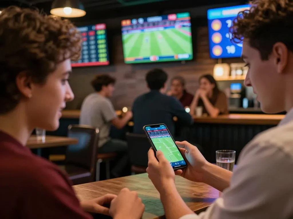 Betting enthusiast analyzing tỷ lệ bóng đá on smartphone in a lively sports bar with multiple screens.