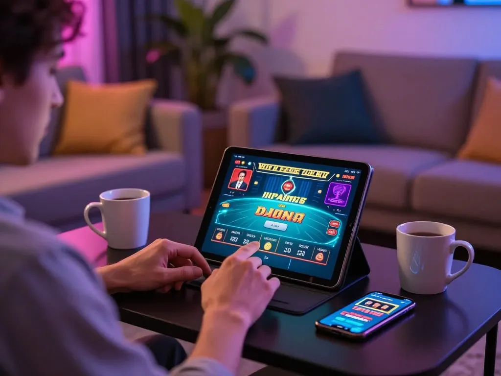 WinWin player enjoying live dealer game on tablet in cozy home setting