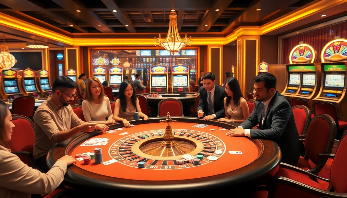 KJC casino players engaging at a luxurious blackjack table with vibrant chips.