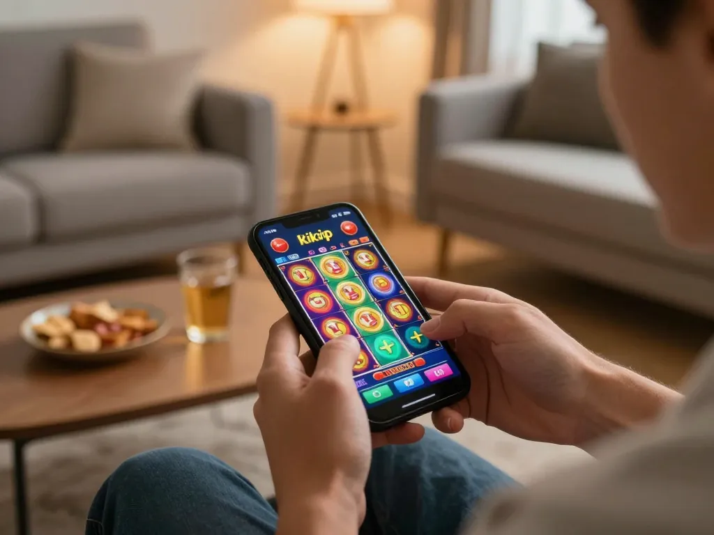 Player engaging in rikvip online slot game on smartphone in cozy home environment