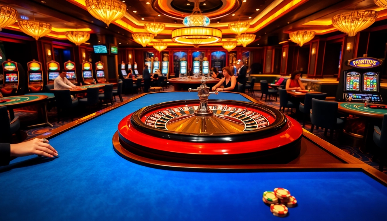 SKY88 casino scene showcasing thrilling poker games and roulette with elegant decor.