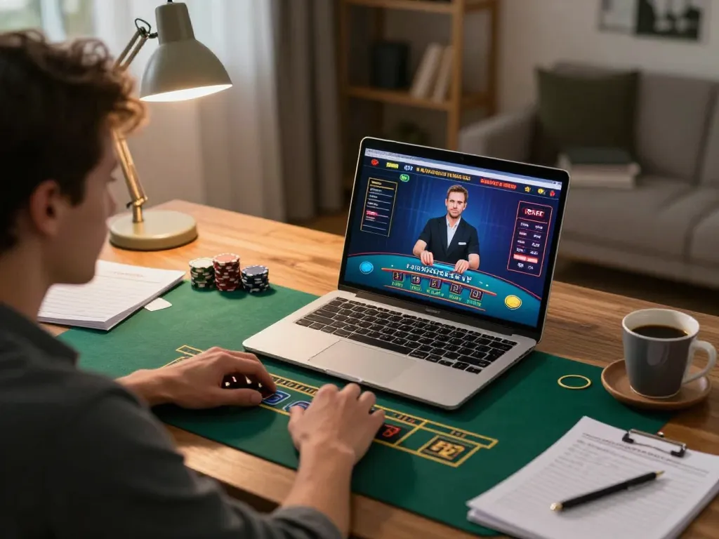 MM88 player strategizing in online blackjack game with laptop, cozy home office setup, responsible gaming approach.