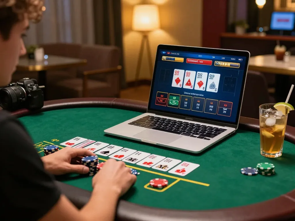 Player enjoying an online lc88 blackjack game, showcasing chips and strategy in a cozy environment.