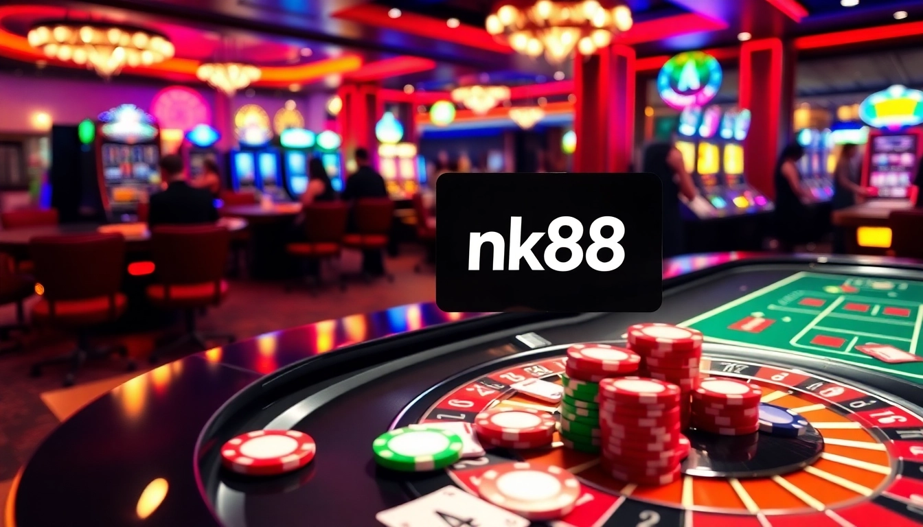 Players engaging with nk88 games at a luxurious casino table filled with poker chips and cards.