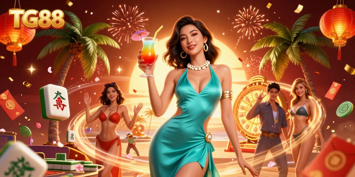 Engage with TG88's vibrant online casino experience, featuring lively gaming elements and a beautiful backdrop.