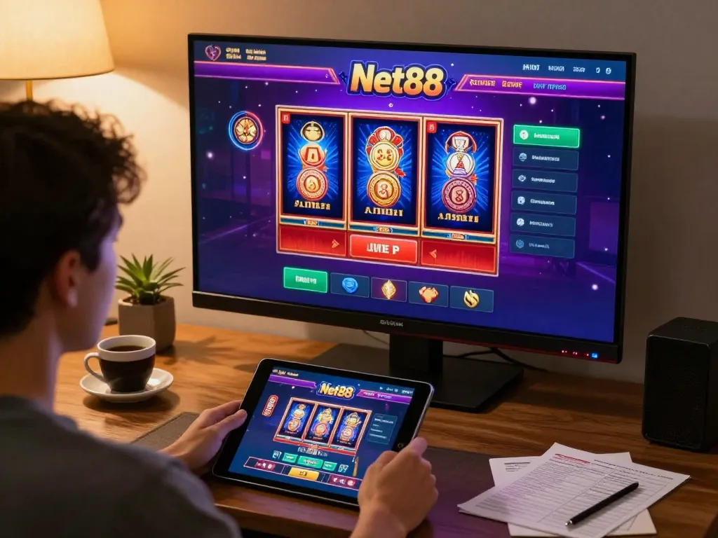 Engaging in online Net88 gaming with vibrant visuals and strategy notes for effective betting.