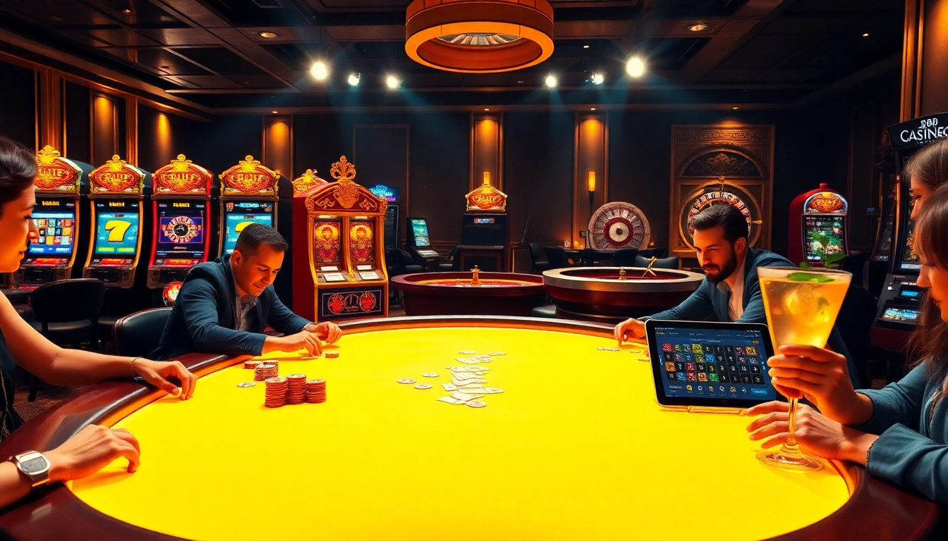 Go8 players enjoying a vibrant casino atmosphere filled with poker chips and tables.