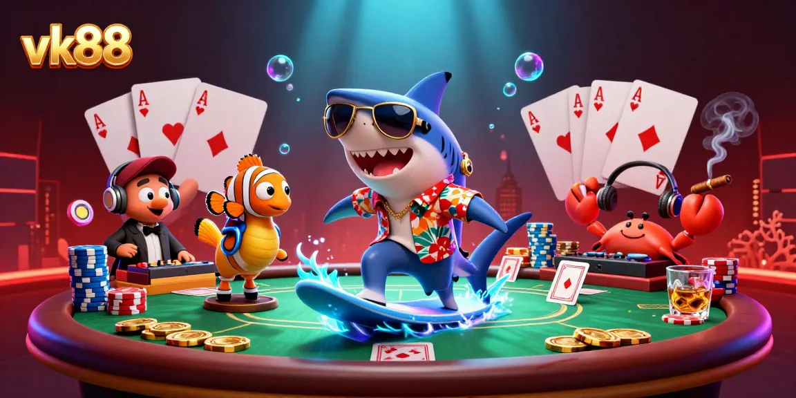 Experience thrilling poker action with vk88's vibrant 3D casino scene featuring dynamic characters.