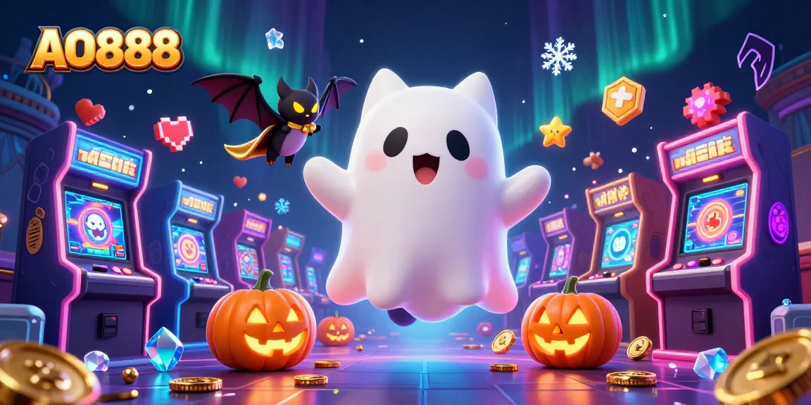 A sparkling scene featuring AO888 with a friendly ghost cat and bat in a haunted casino.