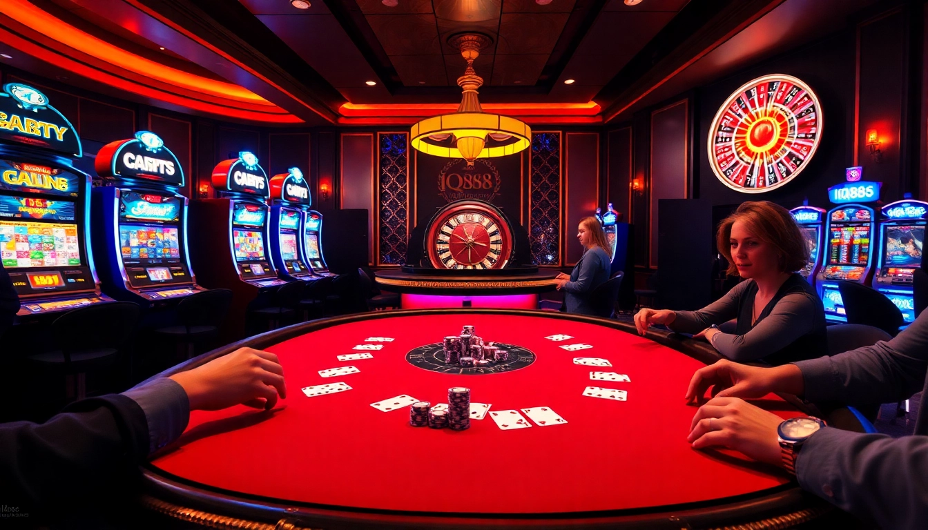 Players enjoying a thrilling game at IQ88 casino with vibrant chips and cards.