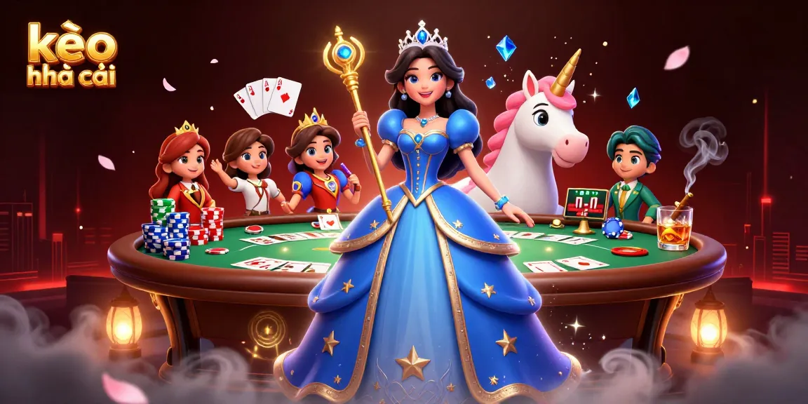Engage with kèo nhà cái as a beautiful woman in a gown holds court at a poker table filled with chips and cards.