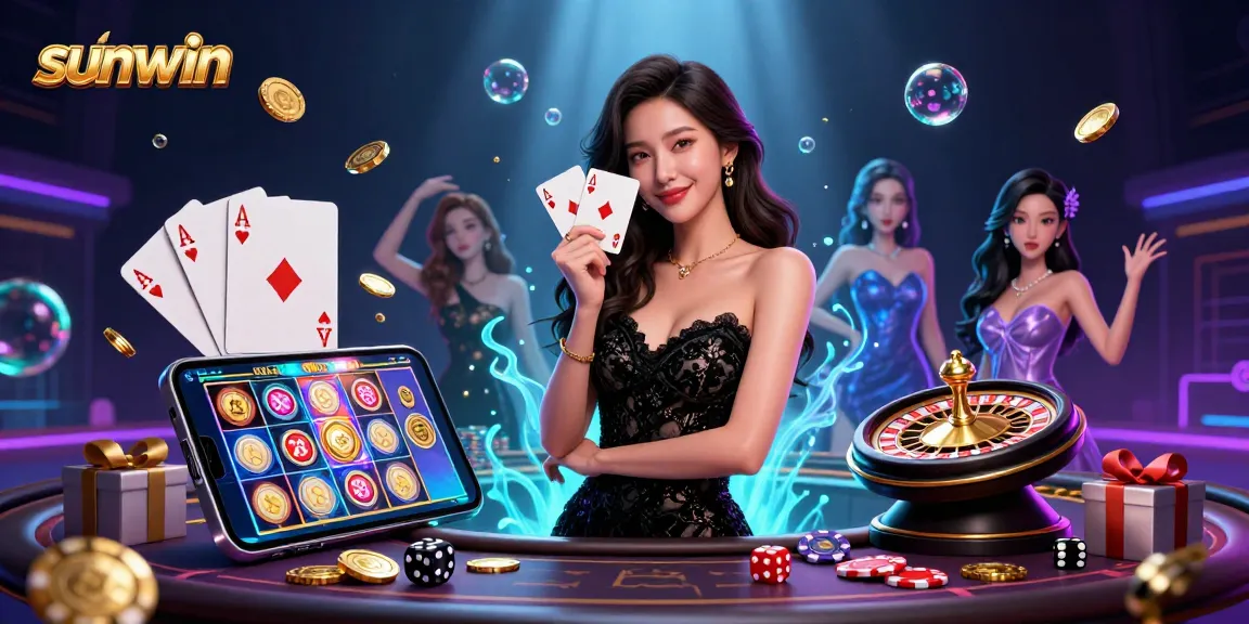 Play exciting casino games at Sunwin with colorful slots, chips, and dynamic elements.